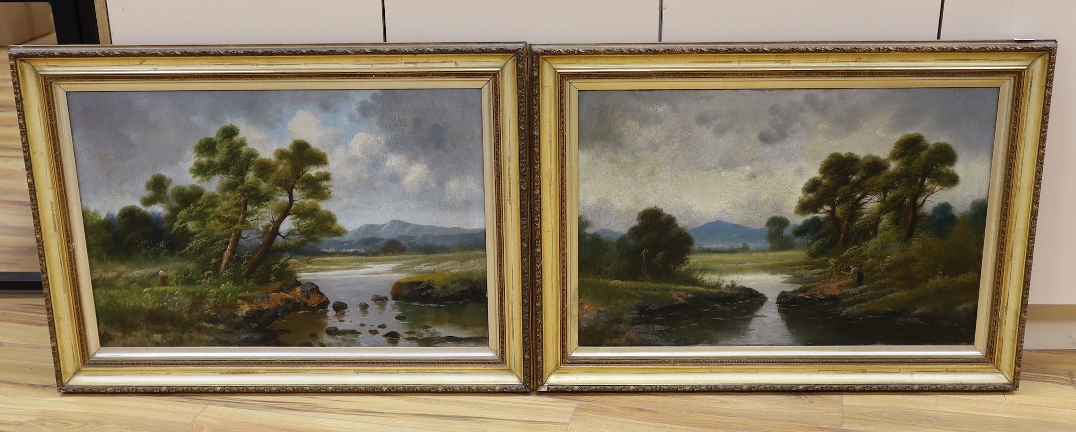 English School c.1900, pair of oils on canvas, River landscapes, 50 x 76cm